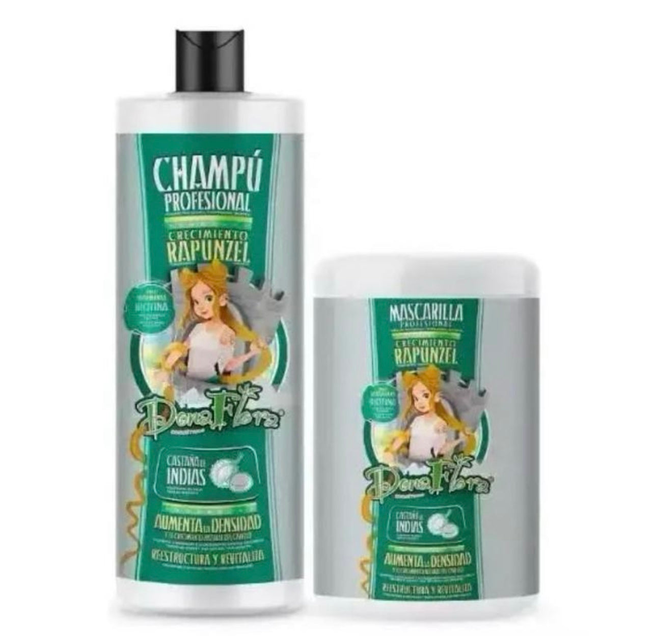 Pack Profesional Para Cabello Champú+Mascarilla Rapunzel Aumenta la Densidad del Pelo, Restructura y Revitaliza de Dona Flora 1000 ml+1000 ml.